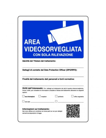 Cartello Area Videosorvegliata Con Sola Rilevazione 20 x 30 cm in PVC Rigido